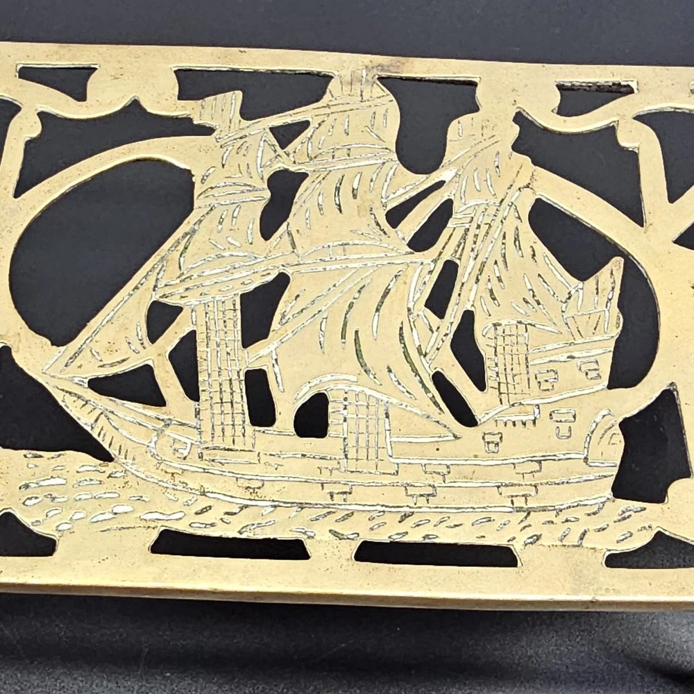 19th Century Victorian trivet, brass, bronze, galeon ship design, claw foot legs